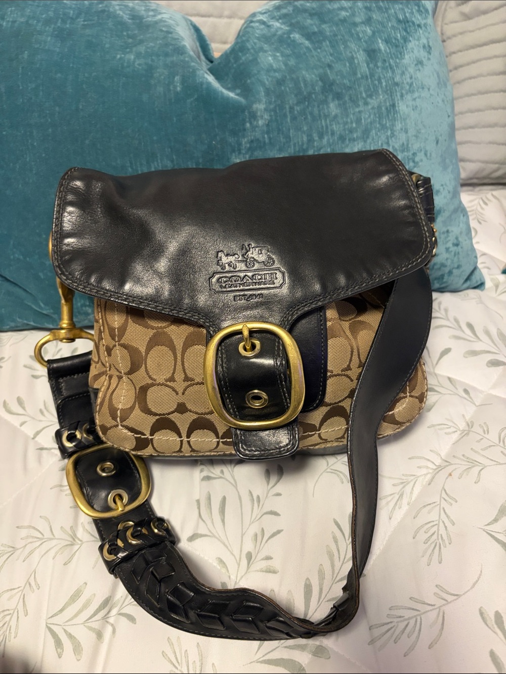Coach Tan Signature Canvas Crossbody with Black Leather Trim and Gold Hardware